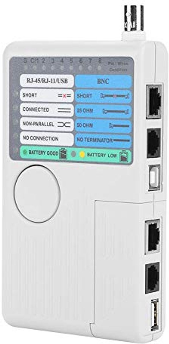 4-in-1 Netwerkkabeltester voor USB, RJ11, RJ45 en BNC - Draagbaar en Handig