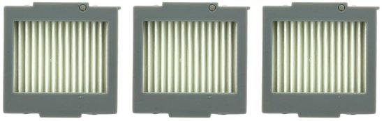 Drie grijze filters met verticale lamellen, elk in een zwart frame met uitsparingen aan de zijkanten.