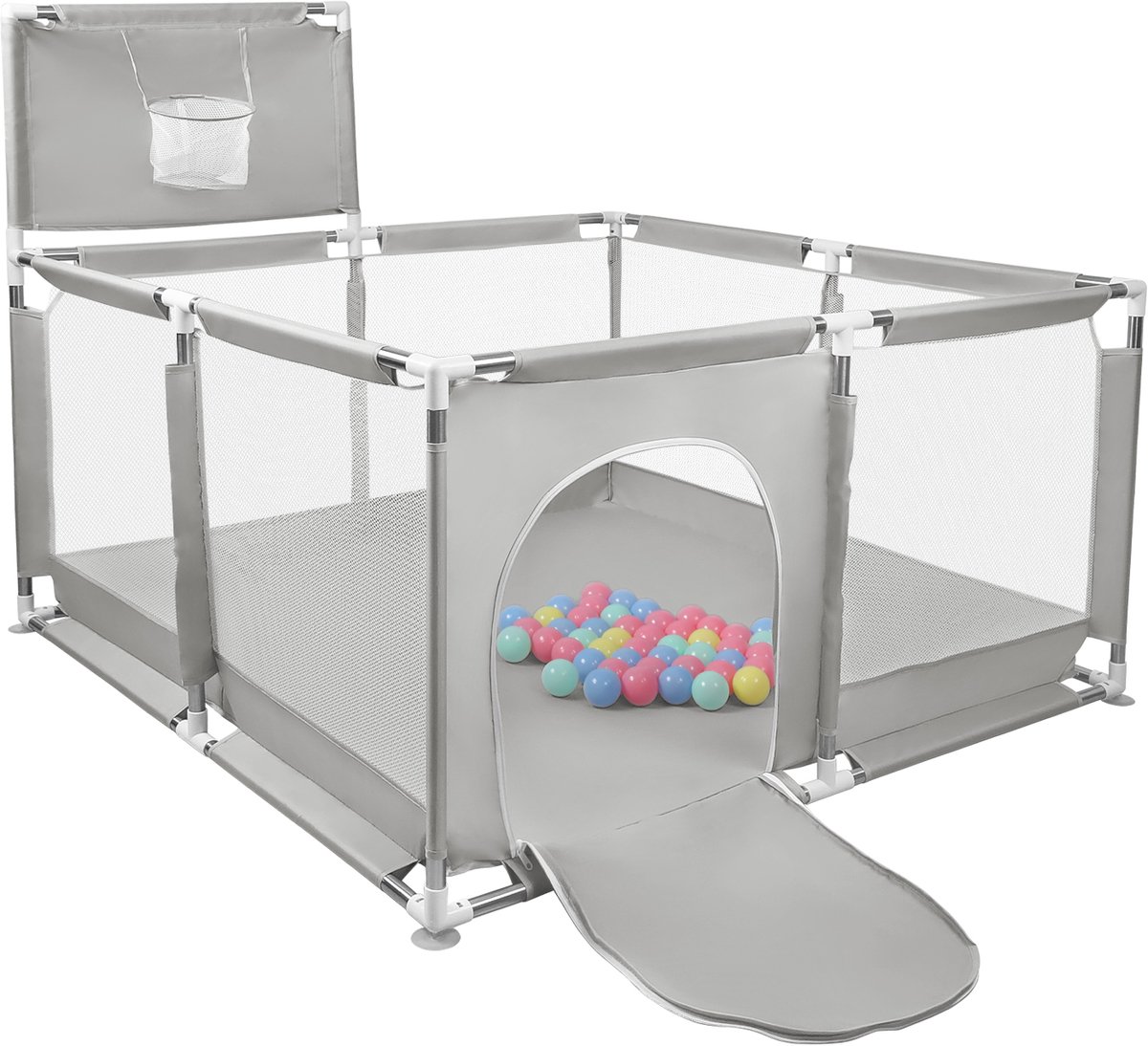 PIPIPOXER Babybox 126*126cm Boxhekje met 50 ballen, basketbalring, antislipbodem-Lichtgrijs