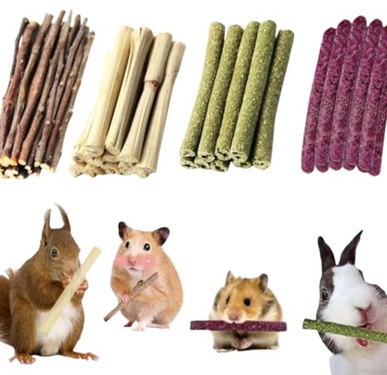 LMYKH Konijn kauwspeelgoed, hamsterspeelgoed met appelstokjes Timothy hooisticks, kleine dieren molar accessoires voor cavia's, chinchilla, hazen