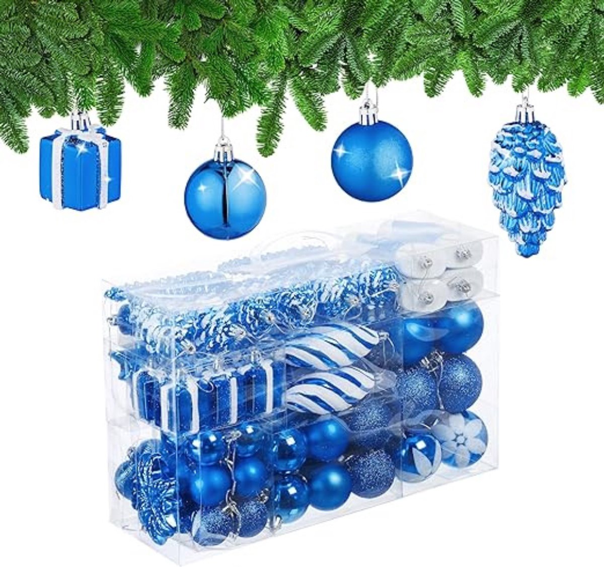 Kerstballen set van 72 stuks in glinsterend, mat en glanzend blauw. Inclusief hartjes en sokken motieven. Gemaakt van kunststof.