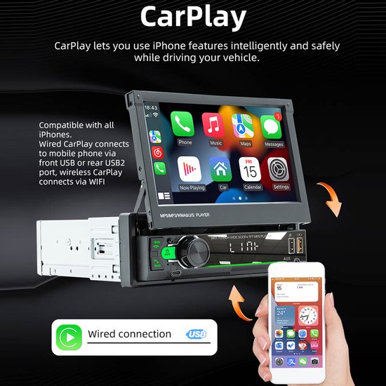 Autoradio-7Inch Car Radio Stereo with Carplay Android Auto w/Electric Telescopic Touch Screen MP5 Player with Mirror Link Bluetooth 5.1
