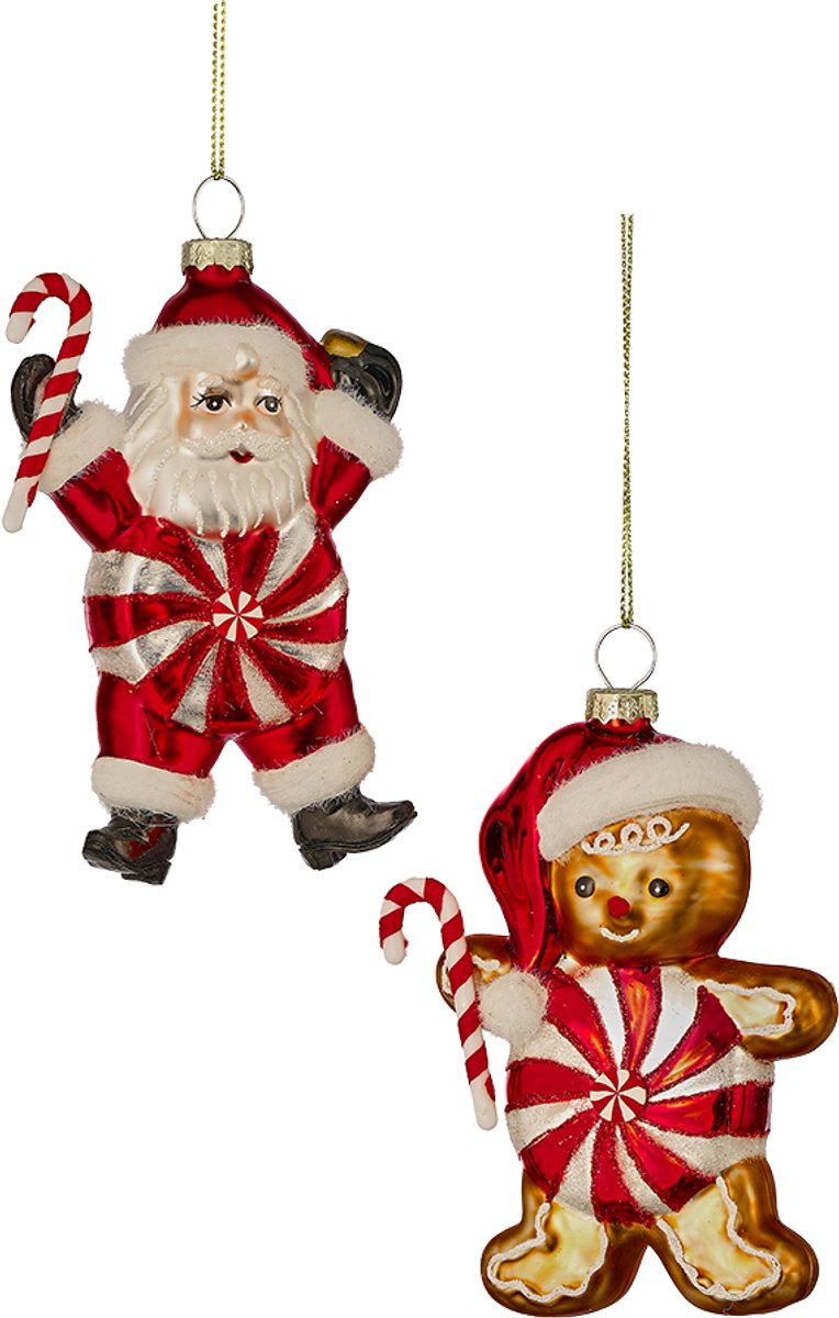 Viv! Christmas Kerstornament - Pepermunt Snoep Kerstman & Gingerbread Mannetje - set van 2 - glas - rood wit - 13cm Bruin
