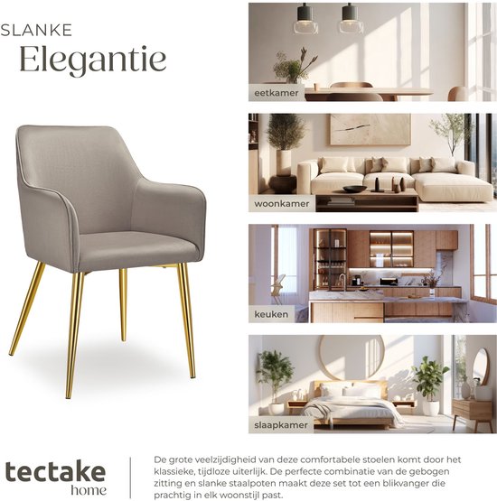Taupe fluwelen stoel met gouden poten, getoond in diverse interieurs: eetkamer, woonkamer, keuken, slaapkamer. Tekst: 'SLANKE Elegantie'.