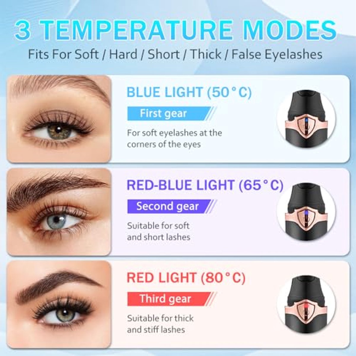 Verwarmbare wimpertang met 3 temperatuurmodi en USB-verwarming voor perfecte wimpers