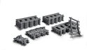 Verschillende LEGO City treinrails in grijze kleur.