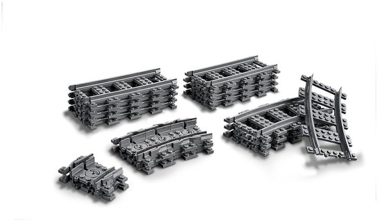 Verschillende LEGO City treinrails in grijze kleur.