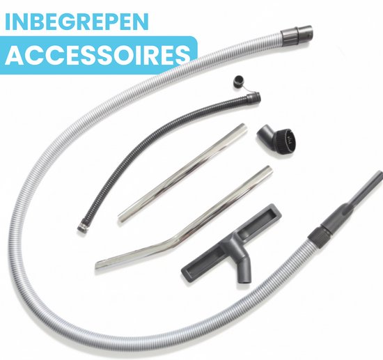 Accessoires voor bouwstofzuiger: flexibele slang, metalen buizen, vloerzuigmond en kierenzuiger.