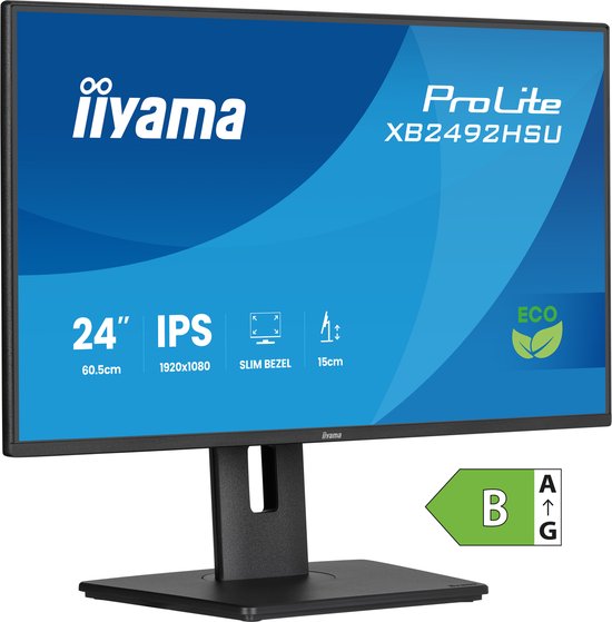 Zwart iiyama ProLite XB2492HSU monitor, 24 inch, IPS, 1920x1080, slanke rand, 15cm verstelbaar, met Eco-logo en energielabel B.