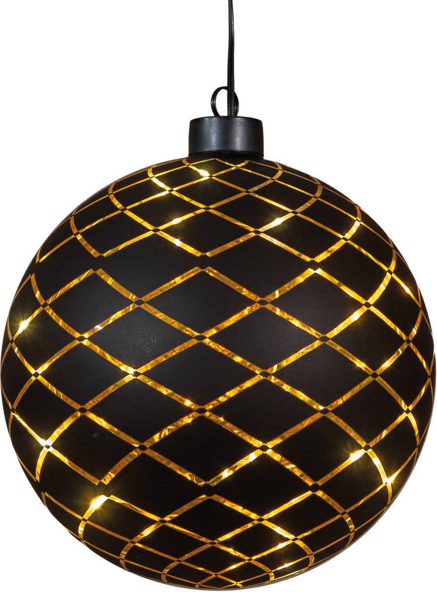 Gouden kerstbal met diamantpatroon en LED lampjes - hangdecoratie.