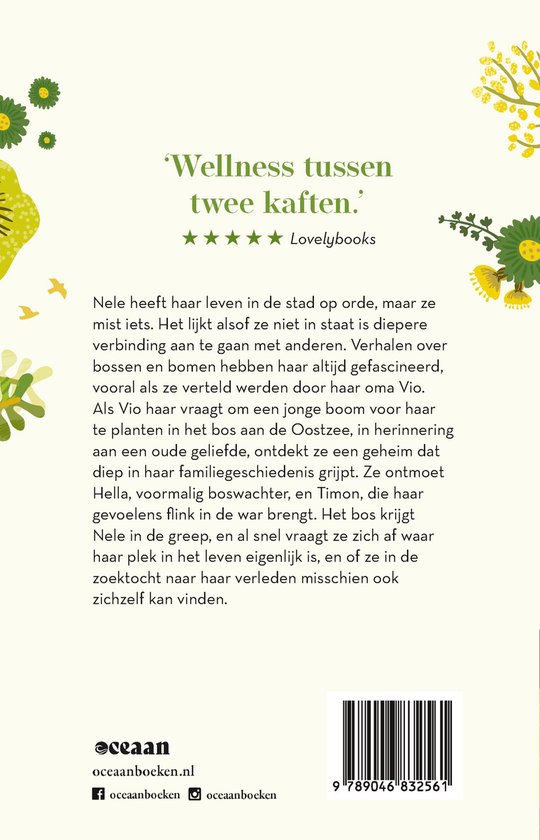 Achterkant van het boek 'Wellness tussen twee kaften'. Tekst over Nele, een stadse vrouw die verbinding zoekt in de natuur. Bevat een barcode en oceaanboek.nl.