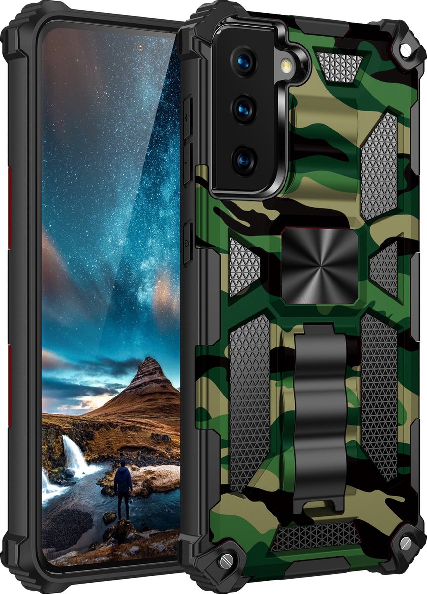 Samsung S21 Plus hoesje rugged extreme backcover met kickstand Camouflage - Groen