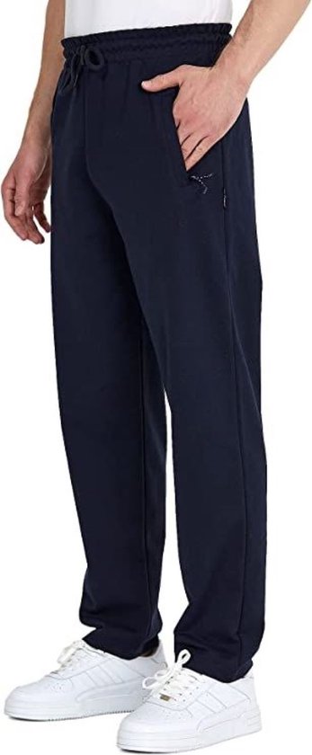 Donkerblauwe joggingbroek voor heren, met trekkoord, ritssluiting op de zak en geborduurd logo.
