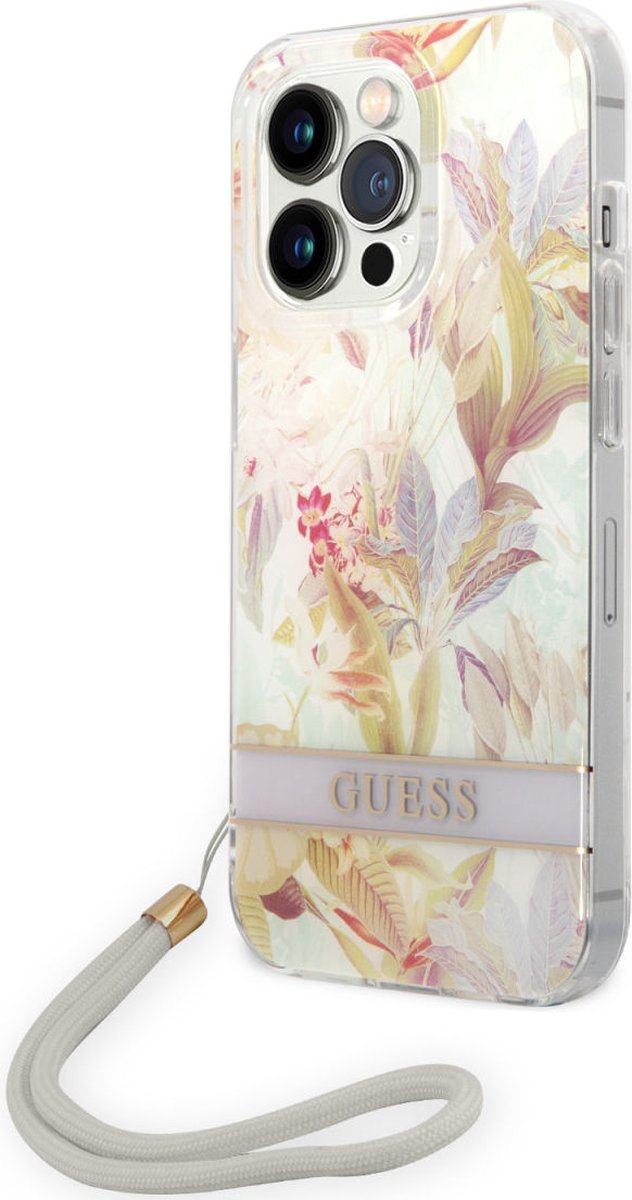 Guess Apple iPhone 14 Pro Hoesje Hard Case Purple Flower Strap
