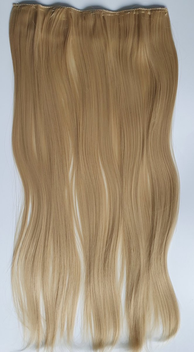 Clip in hairextension 1 baan stijl goud blond lang krullen en stijlen mogelijk tot 130 graden extra vol
