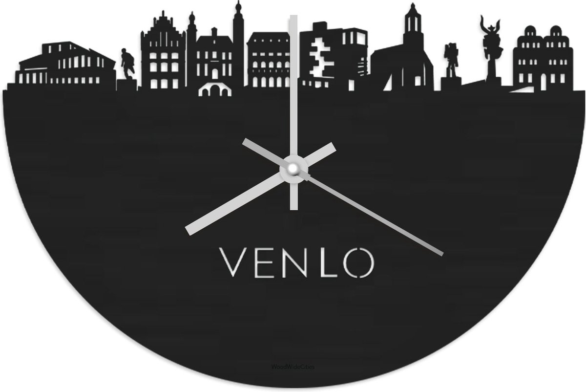 Skyline Klok Venlo Zwart hout - Ø 40 cm - Stil uurwerk - Wanddecoratie - Meer steden beschikbaar - Woonkamer idee - Woondecoratie - City Art - Steden kunst - Cadeau voor hem - Cadeau voor haar - Jubileum - Trouwerij - Housewarming - WoodWideCities