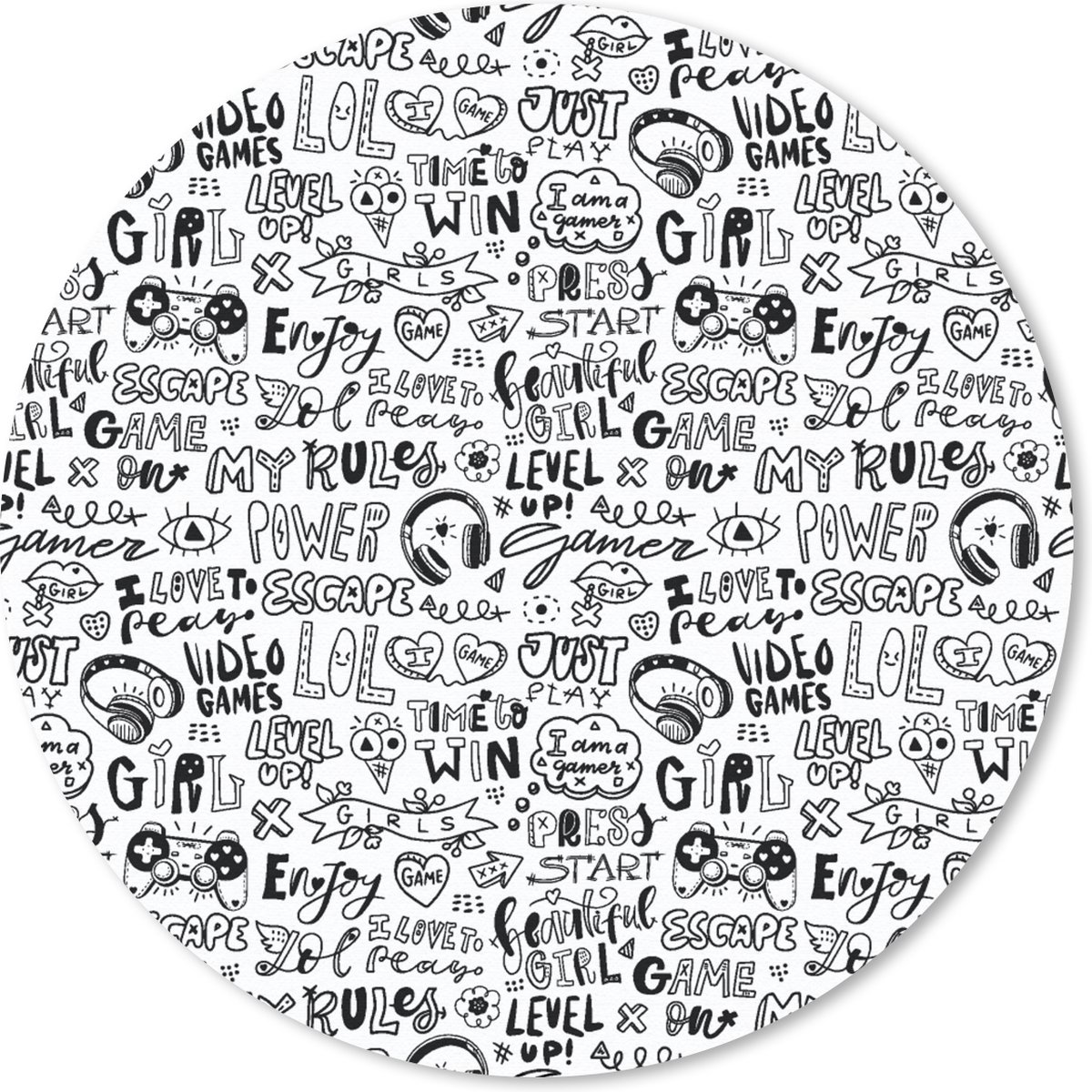 Muismat rond 30x30 cm - Mousepad Doodle - Zwart Wit - Patroon - Ronde muismatten