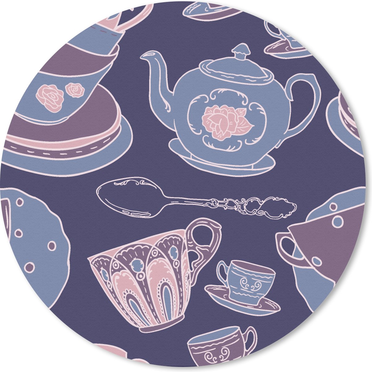 Muismat rond 20x20 cm - Mousepad Patroon - Thee - Kop - Theepot - Ronde muismatten