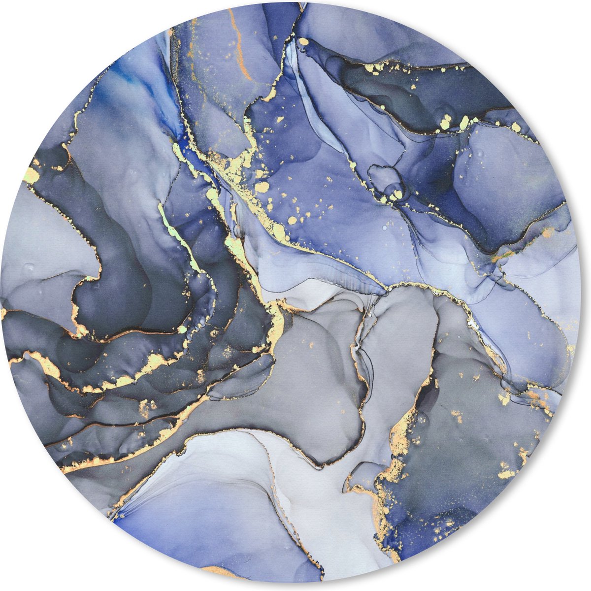 Muismat - Mousepad - Rond - Marmer - Goud - Abstract - Blauw - 30x30 cm - Ronde muismat