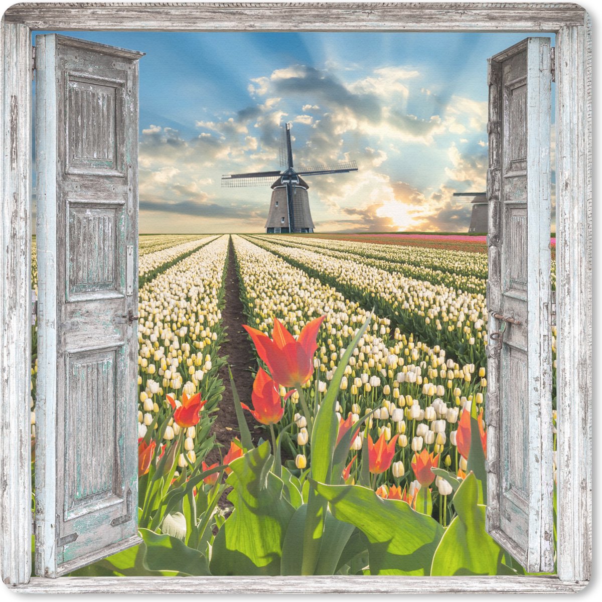 Muismat 30x30 cm - Mousepad Bloemen - Molen - Lente - Doorkijk - Muismatten