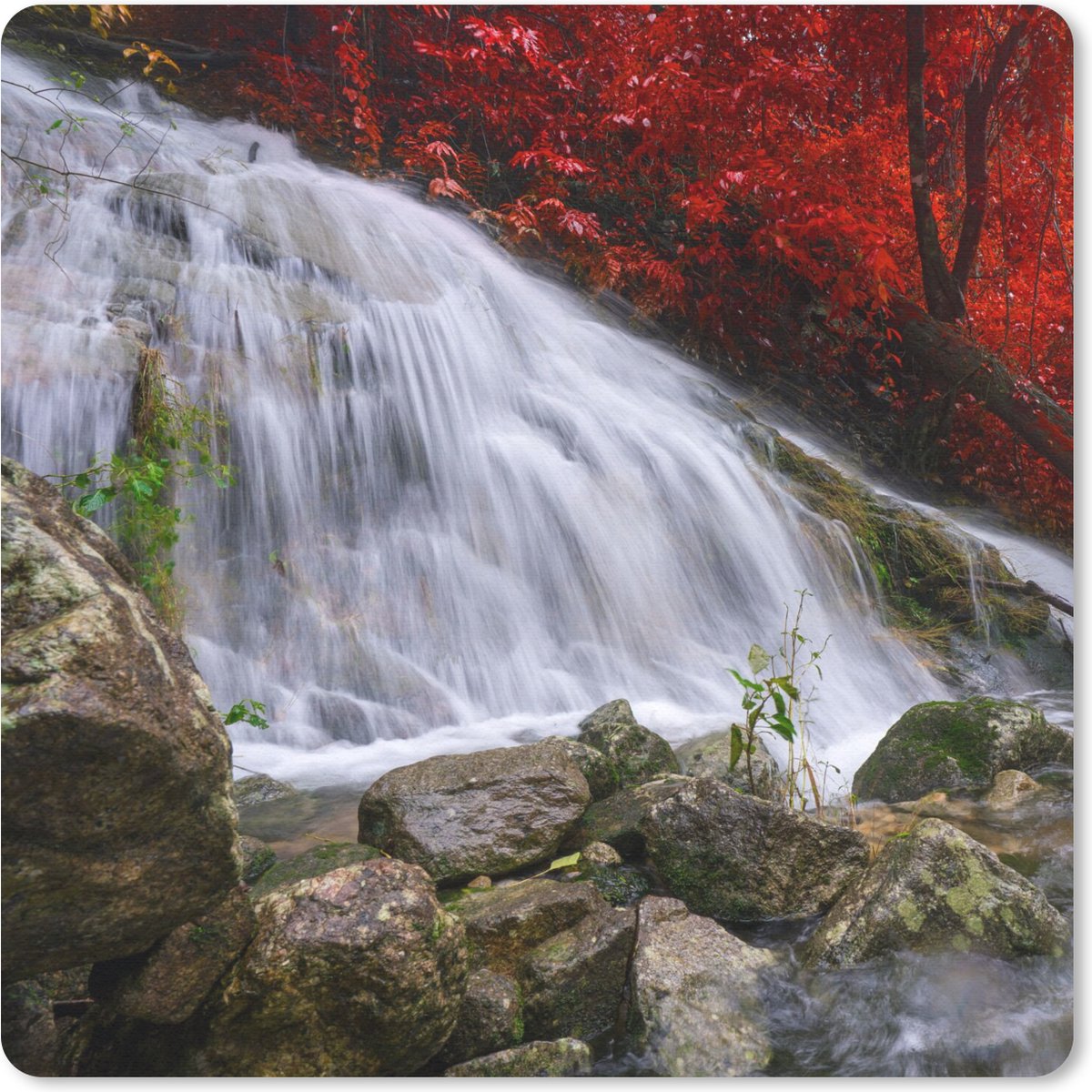 Muismat 30x30 cm - Mousepad Waterval - Rotsen - Water - Herfst - Muismatten