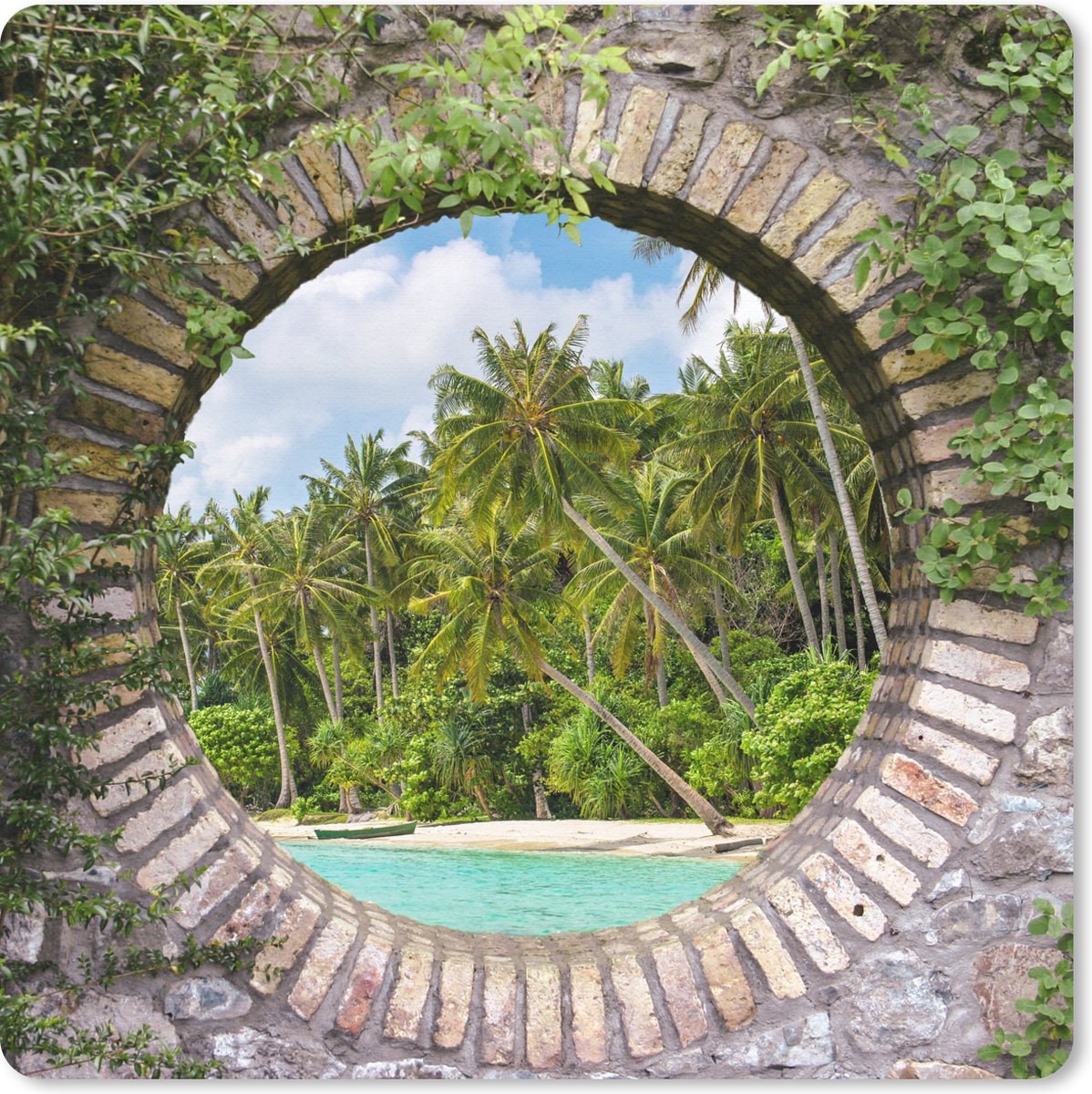 Muismat 20x20 cm - Mousepad Doorkijk - Palm - Tropisch - Strand - zee - Muismatten
