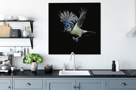 Canvas schilderij 90x90 cm - Wanddecoratie Pimpelmees - Vogel - Zwart - Muurdecoratie woonkamer - Slaapkamer decoratie - Kamer accessoires - Schilderijen op canvas