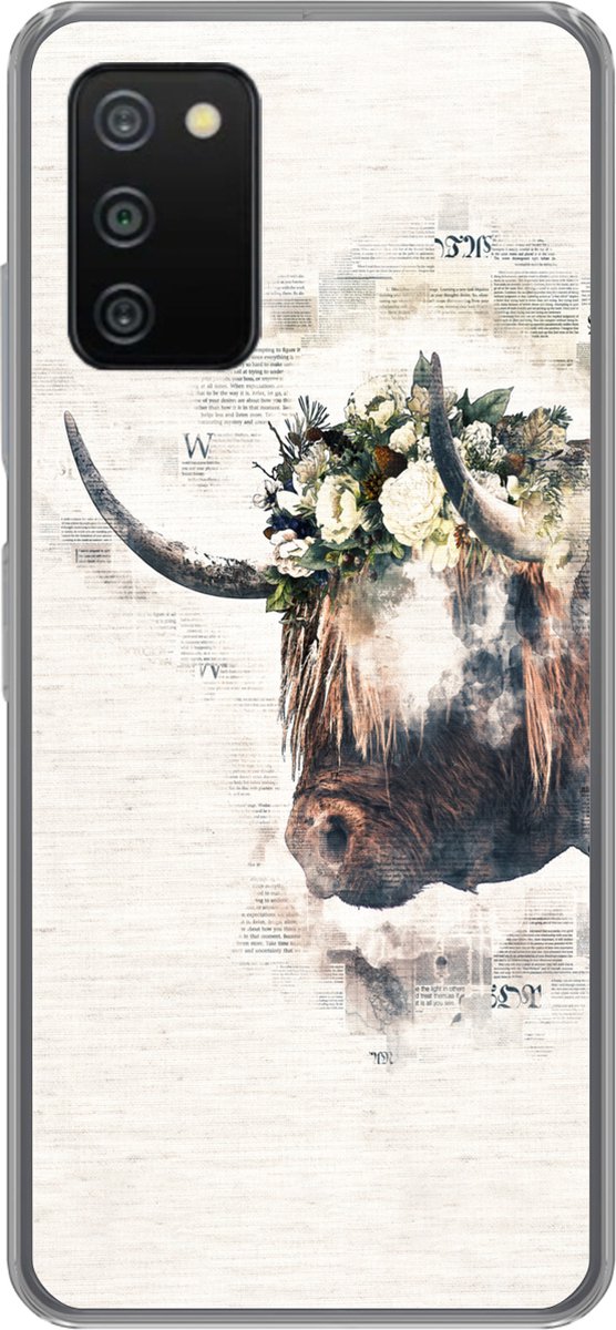 Telefoonhoesje Geschikt voor Samsung Galaxy A03s hoesje - Schotse hooglander - Rook - Bloemen - Siliconen Telefoonhoesje Telefoonhoesje