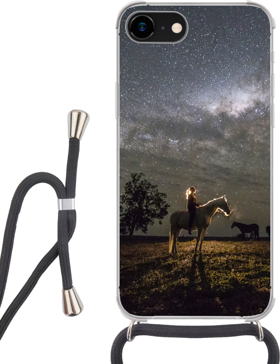 Telefoonhoesje Geschikt voor iPhone SE 2020 - Paard - Vrouw - Sterrenhemel - Siliconen - Crossbody - Backcover met Koord - Telefoonhoesje met koord - Hoesje met touw Telefoonhoesje