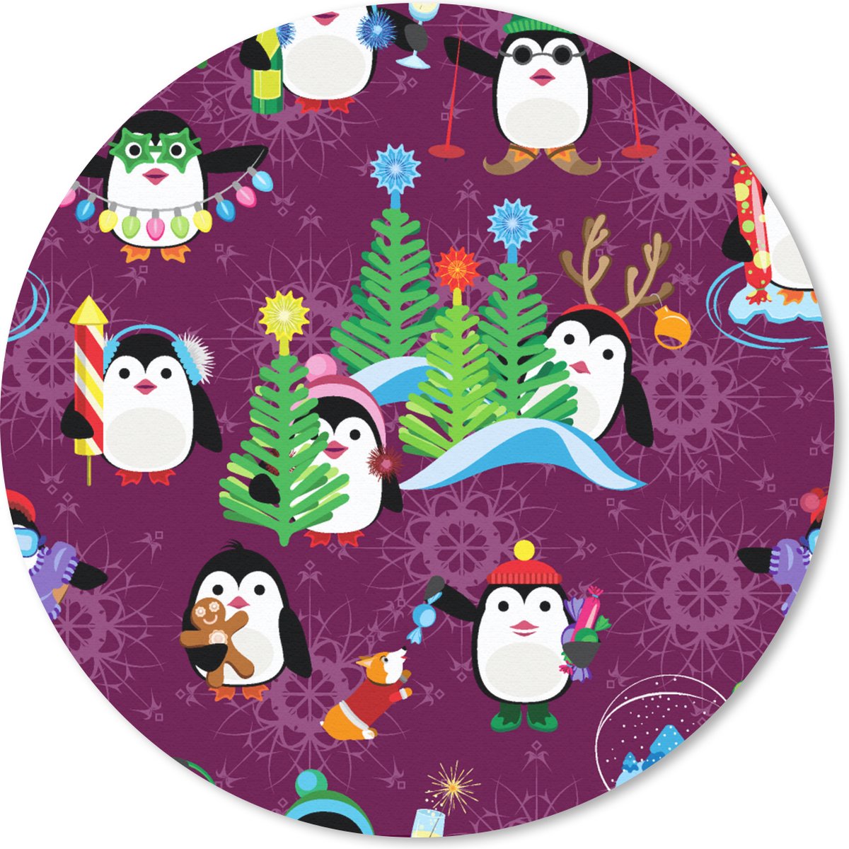 Muismat rond 40x40 cm - Mousepad Pinguïn - Kerstmis - Vuurwerk - Winter - Design - Ronde muismatten