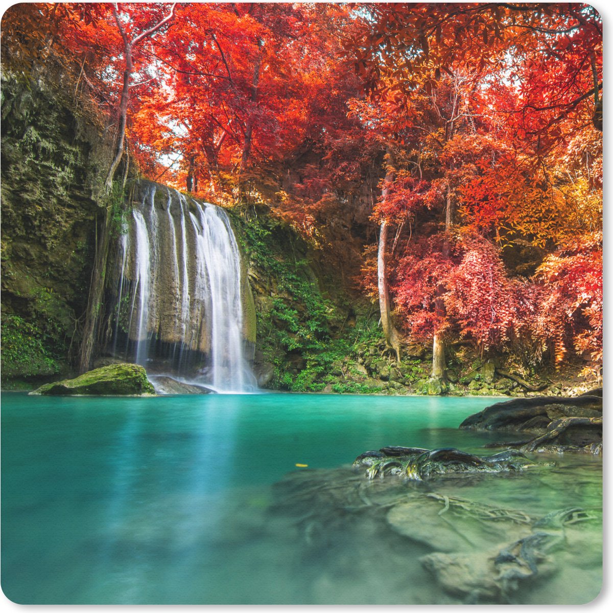 Muismat 30x30 cm - Mousepad Waterval - boom - Rood - Herfst - Water - Muismatten