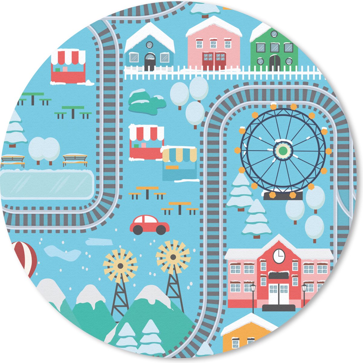 Muismat rond 40x40 cm - Mousepad Winter - Trein - Sneeuw - Blauw - Ronde muismatten