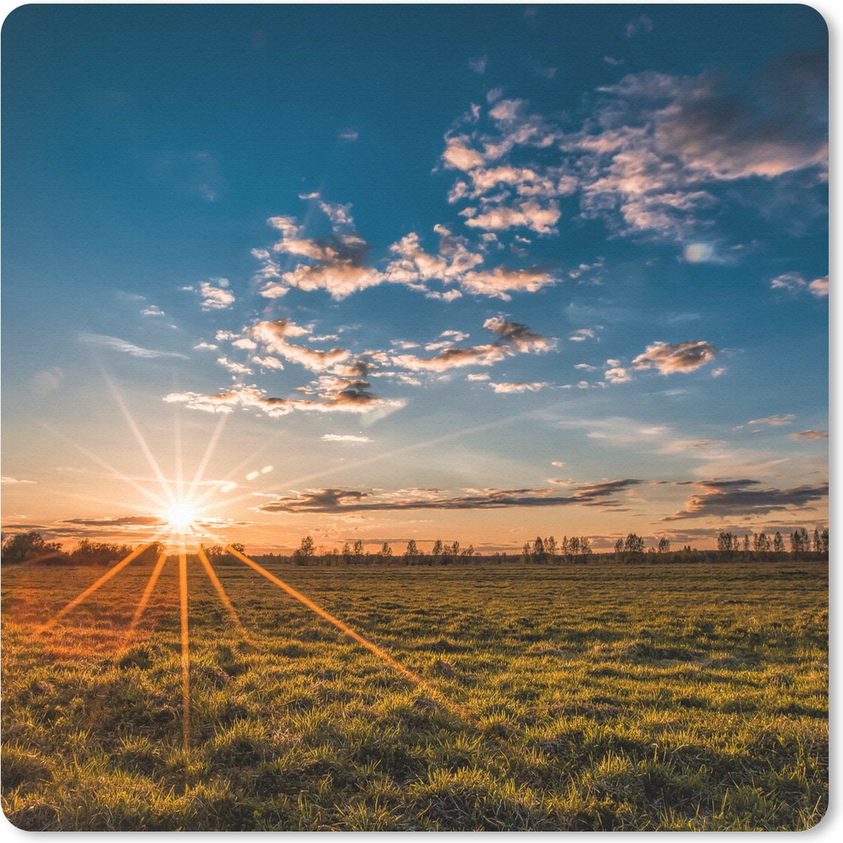 Muismat 20x20 cm - Mousepad Zonsondergang - Natuur - Wolken - Gras - Muismatten