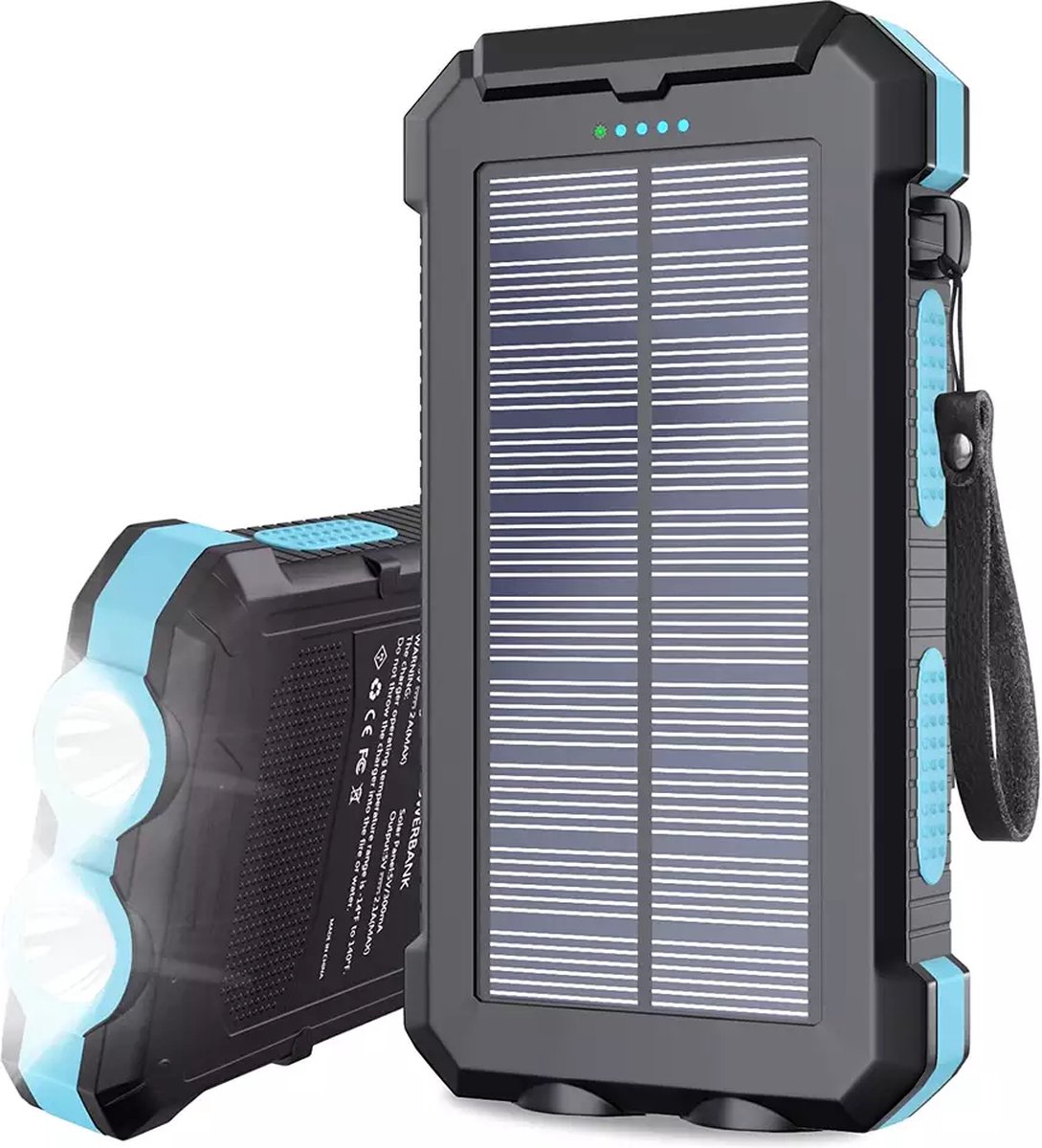 Solar Powerbank 30000mAh - Solar Charger - Waterdicht - iPhone & Samsung - Zonne-energie - Kompas - 2x USB - Micro USB + USB-C - Blauw