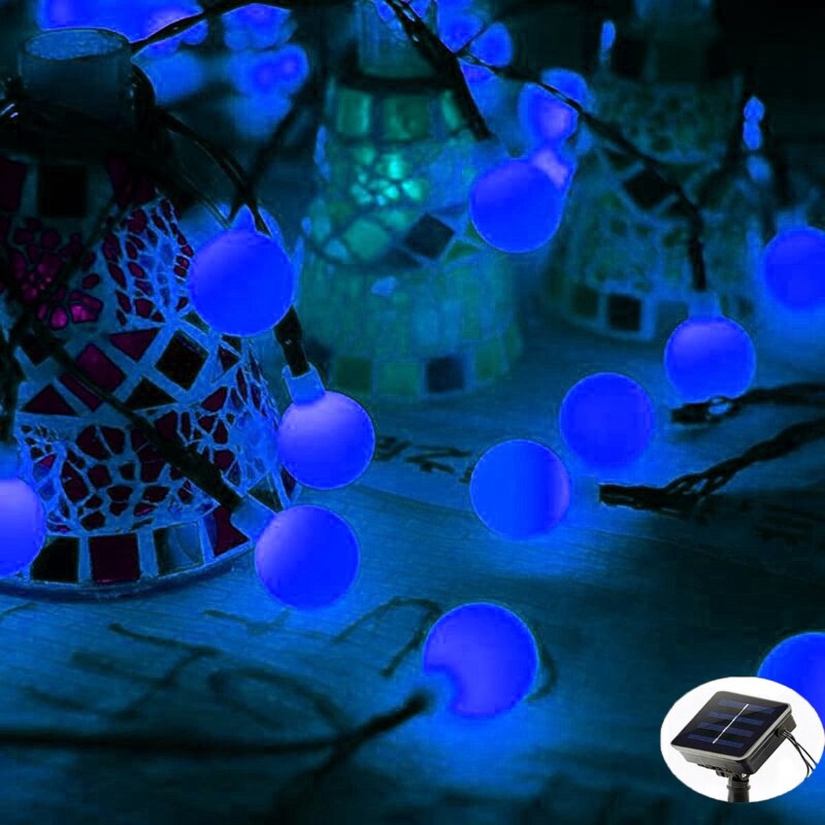 Kerstverlichting Bolletjes Lichtsnoer 5 Meter Zonneenergie Blauw