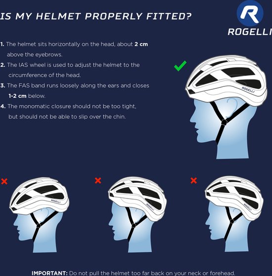 Illustratie van een fietshelm die correct gedragen wordt, met uitleg over pasvorm.