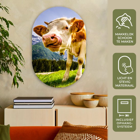 Wall Oval - Décoration murale Plastique - Peinture Ovale - Vaches - Montagnes - Herbe - Paysage - 60x90 cm - Forme Miroir Ovale sur Plastique