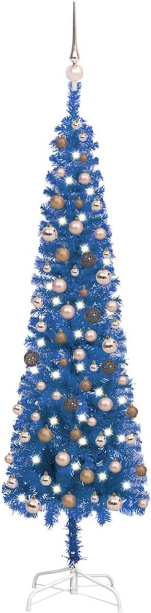 Prolenta Premium - Kerstboom met LED's en kerstballen smal 180 cm blauw