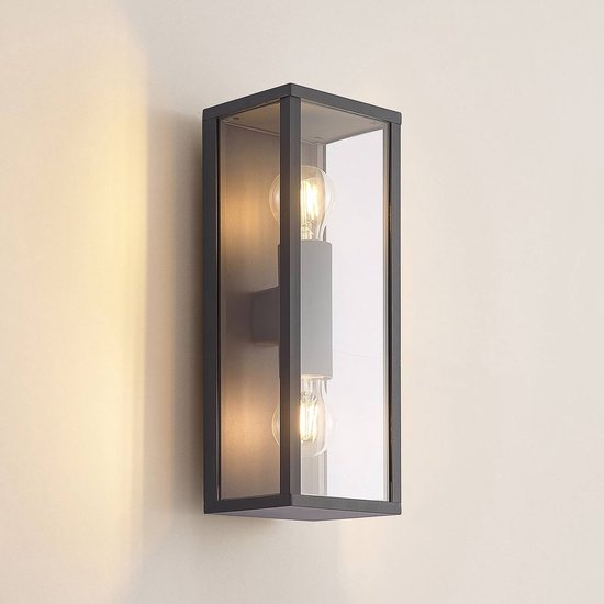 Lindby - Wandlamp buiten - 2 lichts - aluminium, glas - H: 38 cm - E27 - donkergrijs