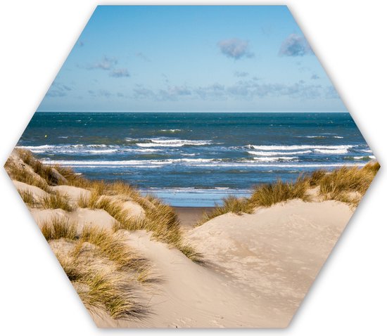 Hexagon wanddecoratie - Kunststof Wanddecoratie - Hexagon Schilderij - Noordzee achter de duinen - 75x65 cm