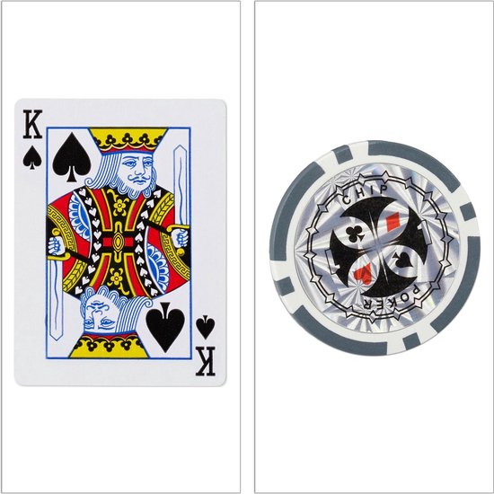Thumbnail van een extra afbeelding van het spel Pokerset - 300 Chips - Aluminium Koffer - Pokeren tot 5 Personen - Veiligheidsslot - Speelkaarten, Dobbelstenen, Dealer, Big Blind en Small Blind Button