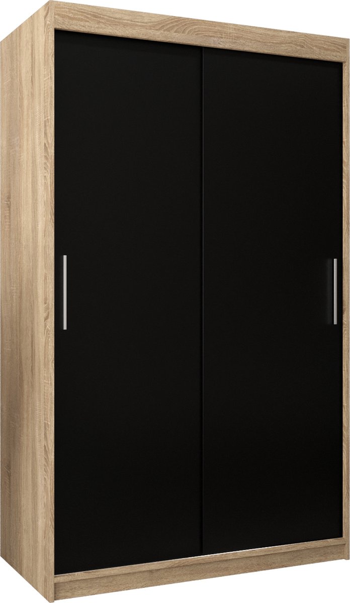 InspireME Kledingkast met 2 schuifdeuren, Modern-stijl, Kledingkast met planken (BxHxD): 120x200x62 - TORM 120 Sonoma Eik + Zwart Mat met 2 lades