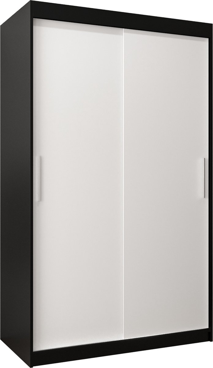 InspireME Kledingkast met 2 schuifdeuren, Modern-stijl, Kledingkast met planken (BxHxD): 120x200x62 - TORM 120 Zwart Mat + Wit Mat