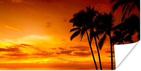 Poster Palmboom - Zonsondergang - Tropisch - Oranje - Zee