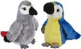 Ravensden - Papegaaien vogels pluche knuffels - 2x stuks - Blauwe en Grijze - 15 cm