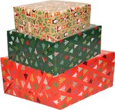 Pakket van 3x Rollen Kerst inpakpapier/cadeaupapier groen rood bruin met print 2,5 x 0,7 meter - Kerst cadeautjes inpakken