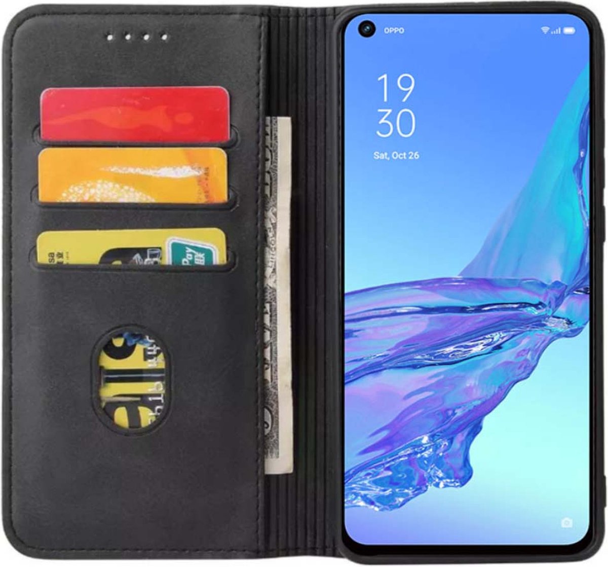 Smartphonica Oppo A53 kunstleren hoesje met magnetische sluiting en pashouders book case - zwart geschikt voor Oppo A53
