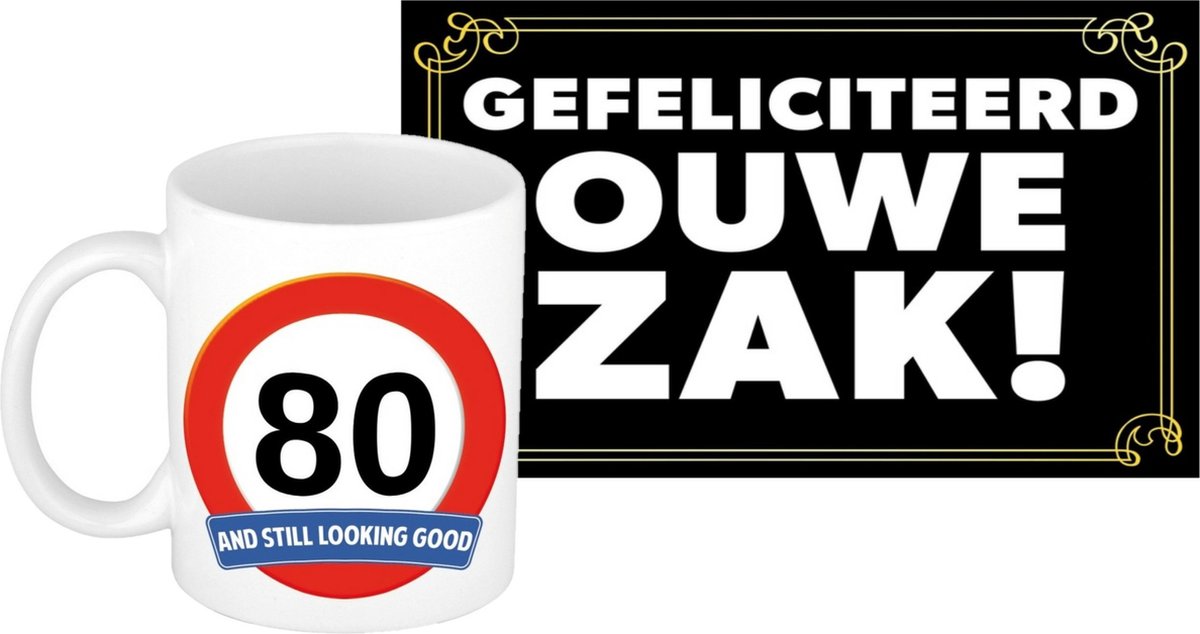 Verjaardag cadeau mok/beker 80 jaar print 300 ml + A5-size wenskaart ouwe zak