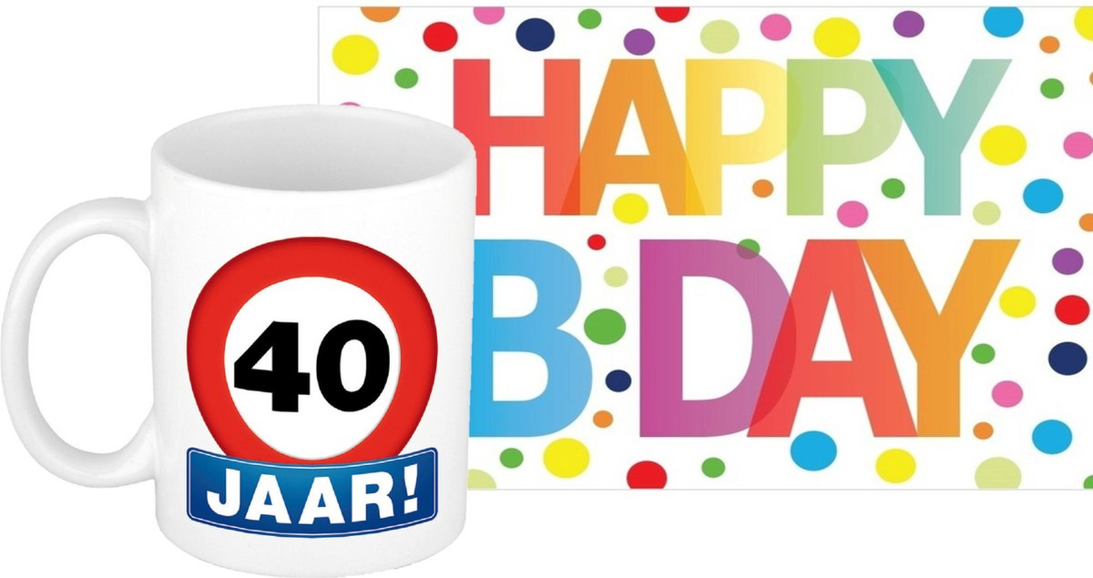 Verjaardag cadeau mok/beker 40 jaar print 300 ml + A5-size wenskaart Happy Birthday