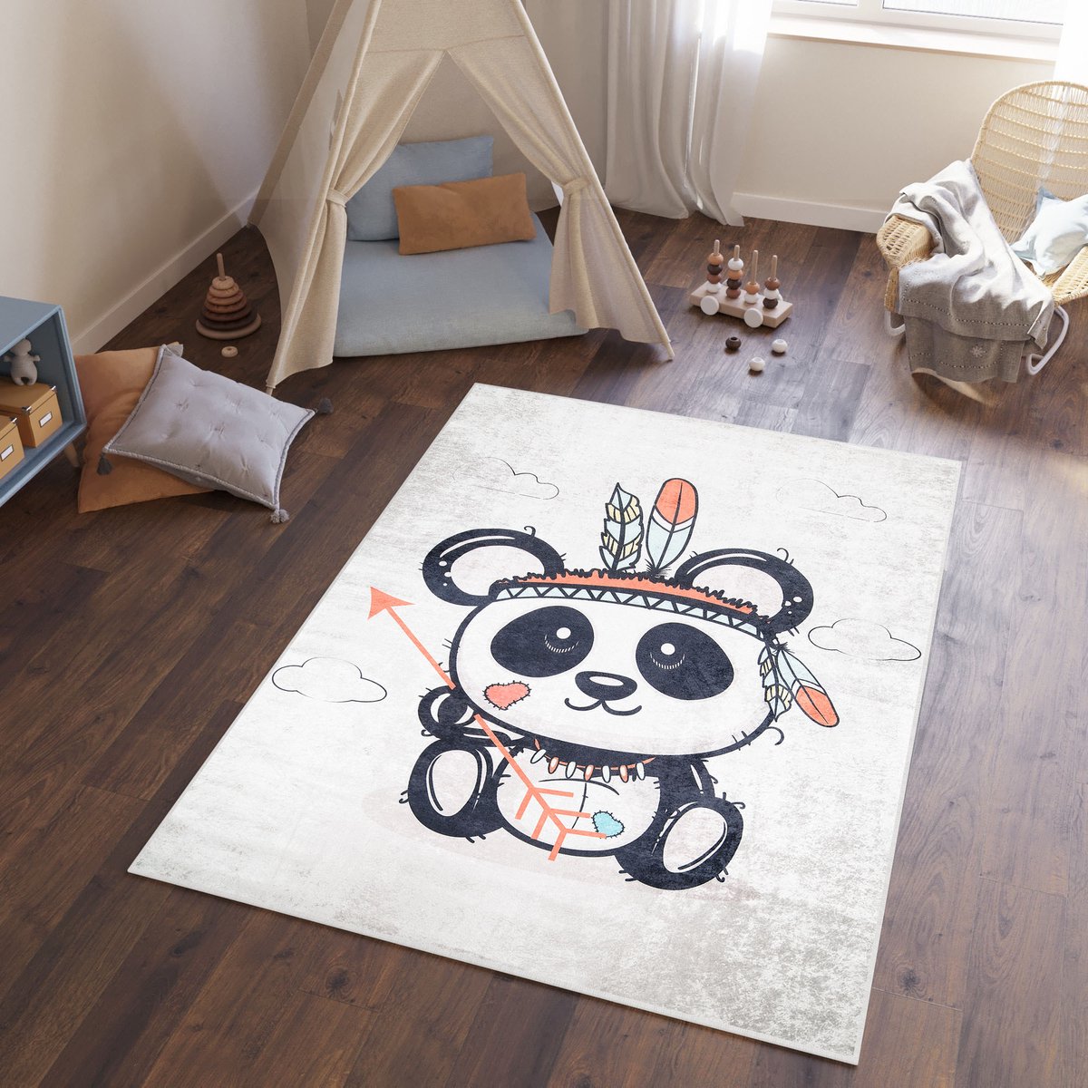 Tapiso Emma Vloerkleed Kinderkamer Babykamer Kleed Panda Speelmat- 120x170 Beige Wit Zwart